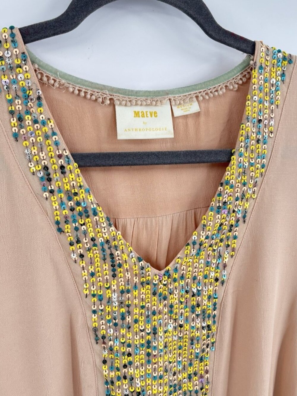 MAEVE ANTHROPOLOGIE Women's Peach Sequin V-Neck Balloon Sleeve Blouse Medium - Picture 2 of 5